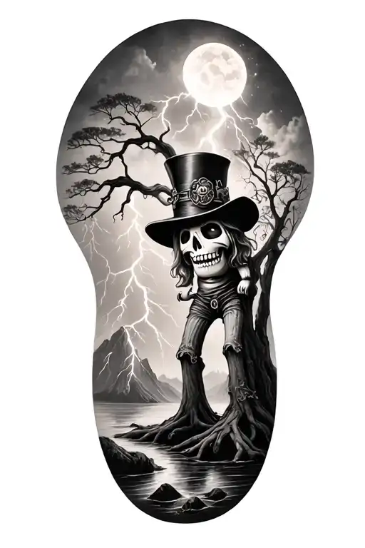 voodoo doll with cylinder hat and lightining storm and fjord and nature, big tree tattoo design idea