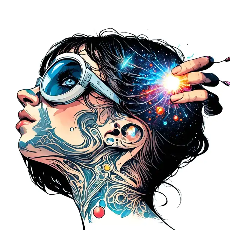 Girl in profile looking up with rave glases her hands on the glases looking up with a universe pouring out of the glases tattoo design idea