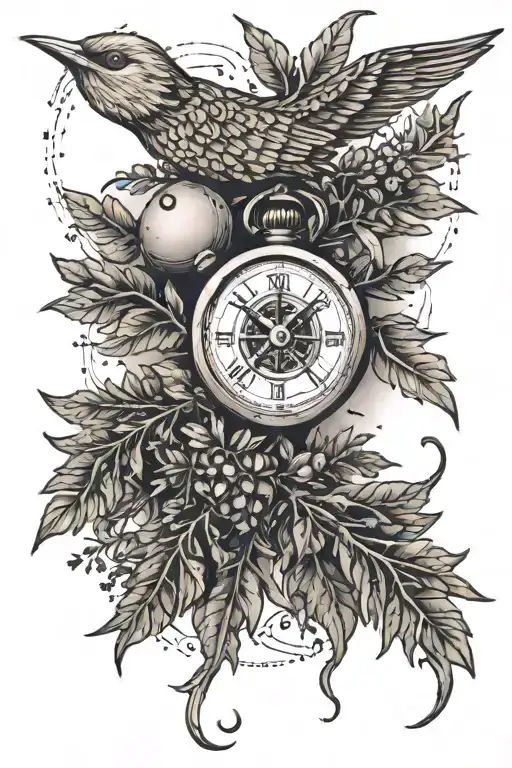 Yew branch, flying swift, compass tattoo design idea