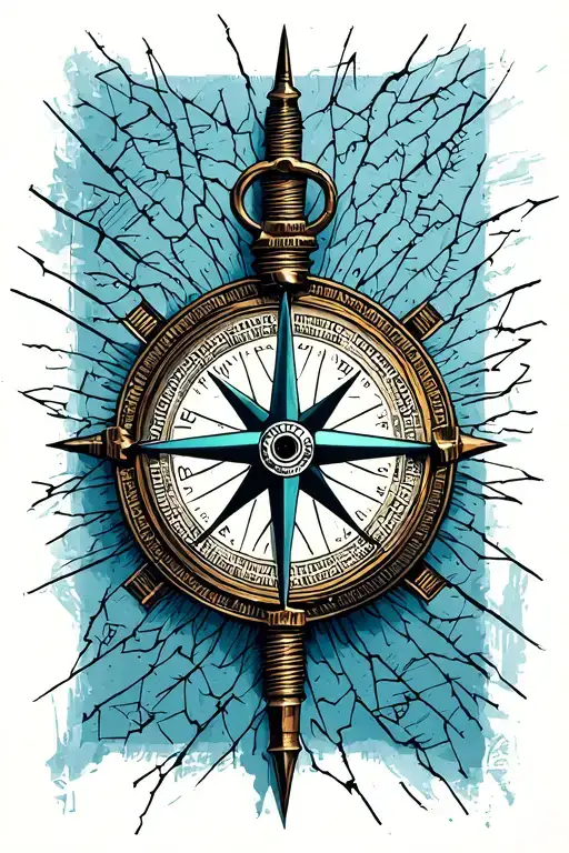 stylized, hand-drawn compass with a cracked and worn needle, delicate, intertwined thread with lyrics tattoo design idea