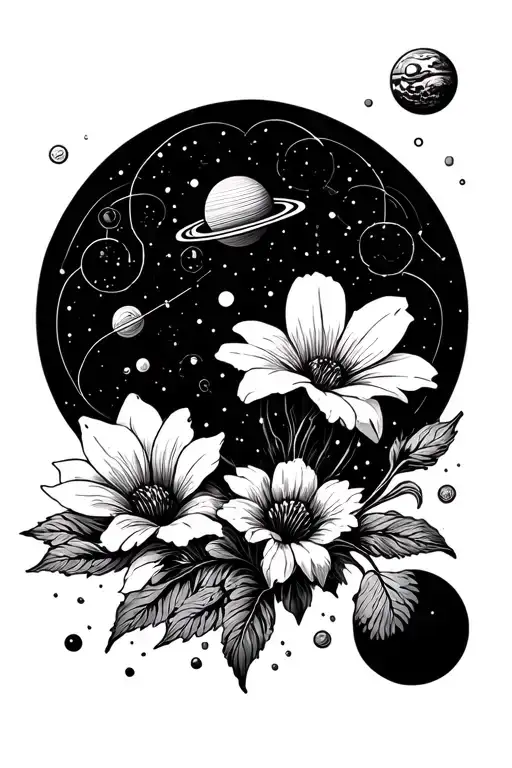 caffeine molecule,  flowers, planets tattoo design idea