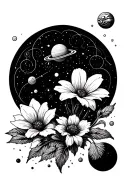 caffeine molecule,  flowers, planets tattoo design idea