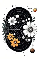 caffeine molecule,  flowers, planets tattoo design idea