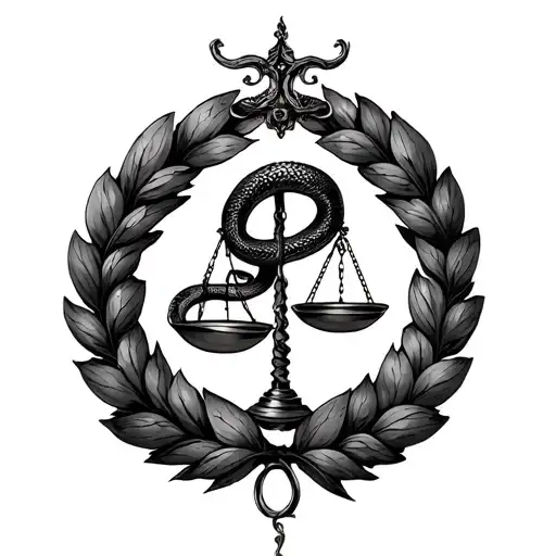 Roman wreath around a set of scales with a snake eating its own tail tattoo design idea