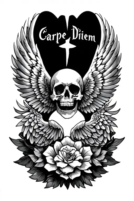 wing with worlds carpe diem, memento mori and memento amoris  tattoo design idea