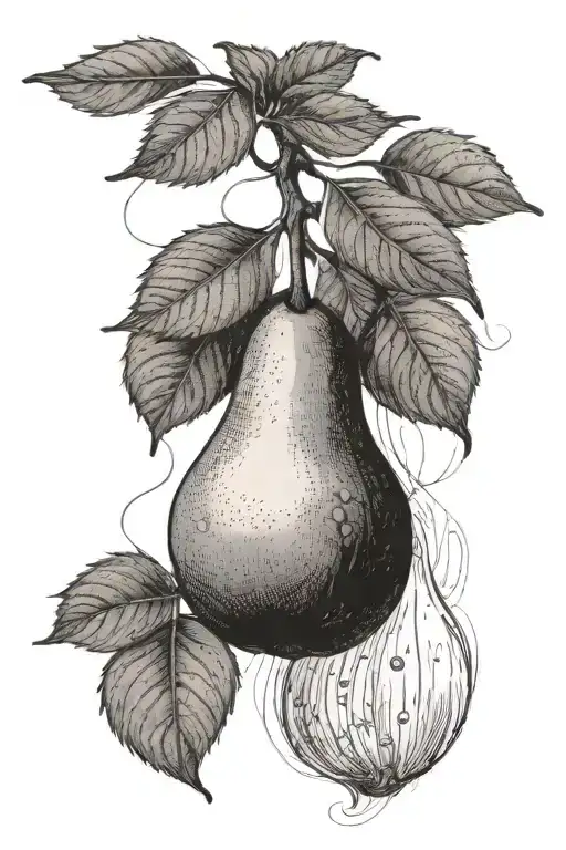 a dainty drawing of a single pear fruit hanging off of a tree with a pear on the ground tattoo design idea