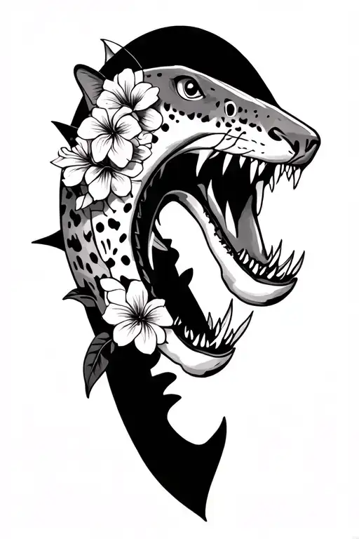 hammer head shark and leopard and flower tattoo design idea