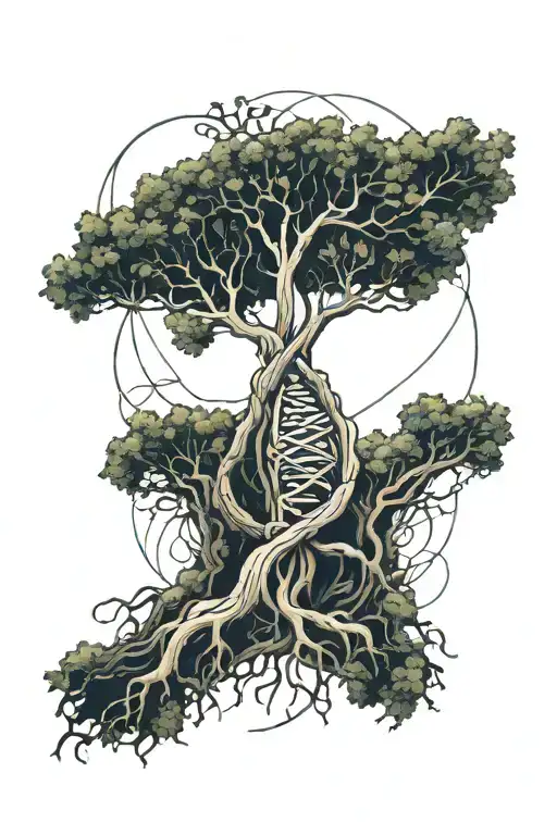 dna strand converting into tree roots squeezin around a heart tattoo design idea