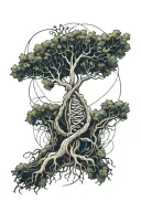dna strand converting into tree roots squeezin around a heart tattoo design idea