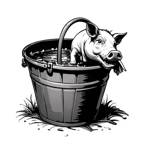 a bucket with luckspurs on the handle and water lillis in the bucket with a pigs jaw leaning against the bucket  tattoo design idea