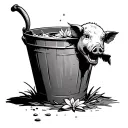 a bucket with luckspurs on the handle and water lillis in the bucket with a pigs jaw leaning against the bucket  tattoo design idea