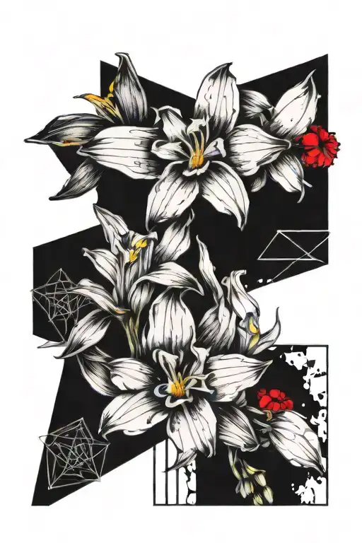 a black and white shoulder tattoo. of geometric line work, daffodils and impatiens flowers, the name "Dani" hidden in it tattoo design idea