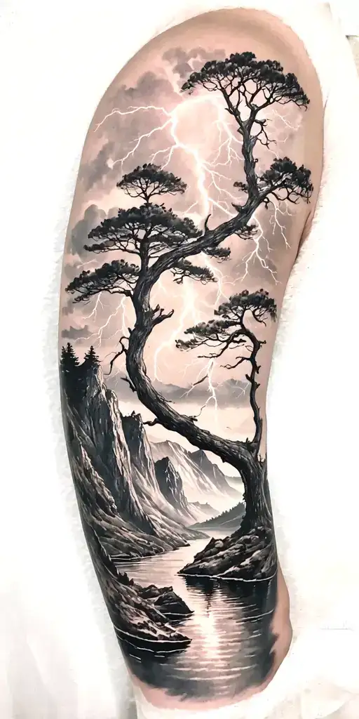 nature, fjord , thunder lightning, big tree with HM tattoo tattoo design idea
