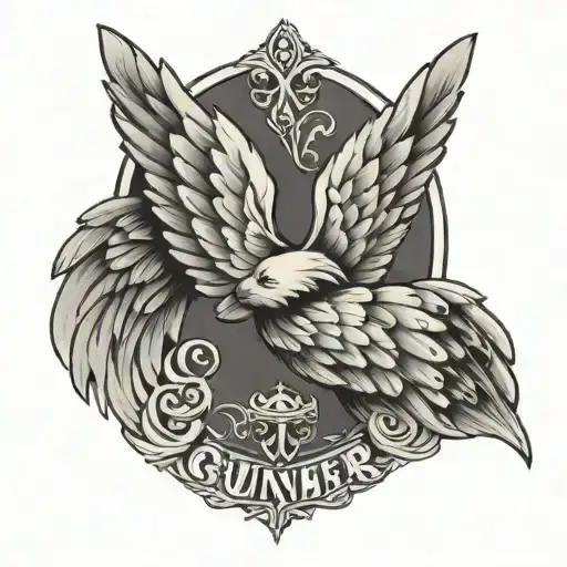 paw print with angel wings with the name gunner tattoo design idea