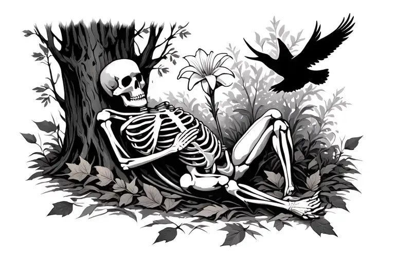 Skeleton lying in the forest among autumn leavesIn hands - a white lily Above - the silhouette of a bird taking off tattoo design idea