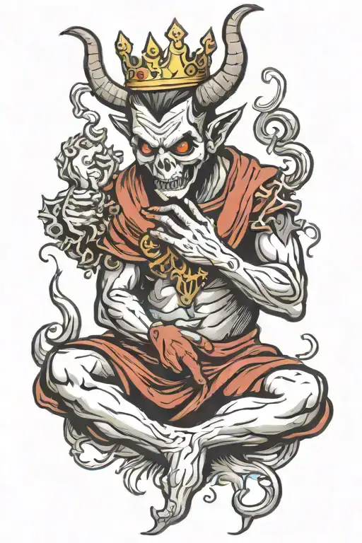 devil praying to god holding a crown in his hand tattoo design idea