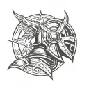 dark medieval knight holding a morningstar with a sun behind his helmet tattoo design idea