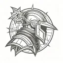 dark medieval knight holding a morningstar with a sun behind his helmet tattoo design idea