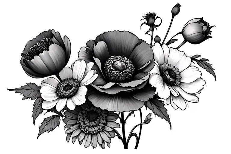 Poppy, honeysuckle and Chrysanthemum flower bouquet tattoo design idea