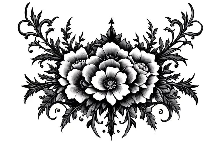 back of thigh tattoo follows the bottom of the butts shape and is a gothic floral pattern with some whimsical traits tattoo design idea