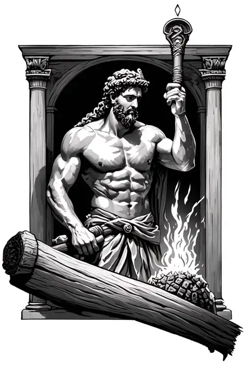 Greek god theme, Hephaestus working forge tattoo design idea