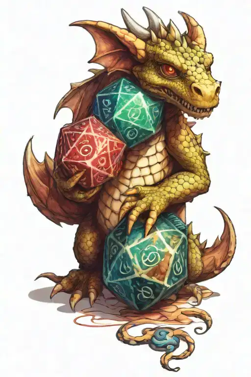 a cute dragon hugging a d20 dice tattoo design idea