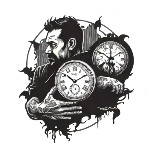 A clock design featuring a father and son holding hands with a sad expression, symbolizing the passage of time and the bond between generations tattoo design idea