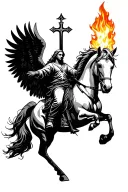  arch angel michael with flaming sword  and a staff with a cross above his head while riding his horse with wings  tattoo design idea