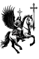  arch angel michael with flaming sword  and a staff with a cross above his head while riding his horse with wings  tattoo design idea