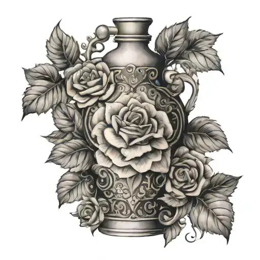 elenmeyer flask with a bouquet of roses, vines, and hydrangeas tattoo design idea