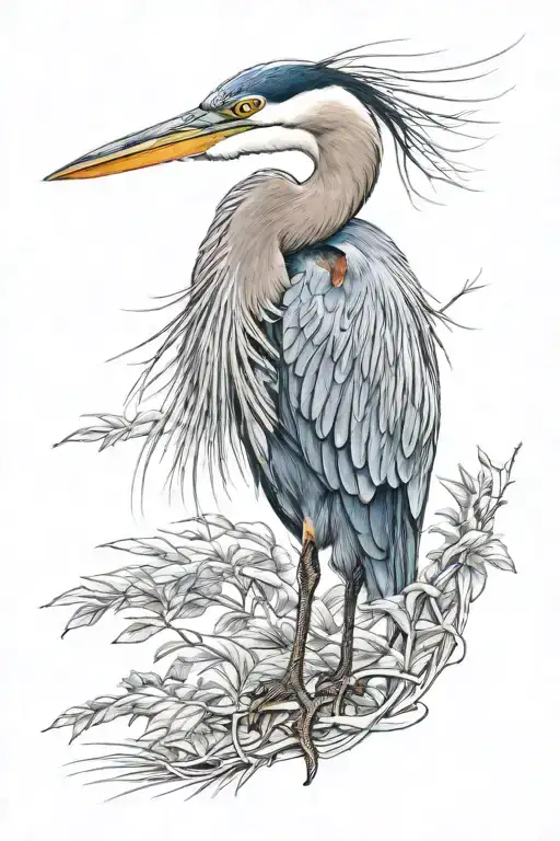 blue heron portrait head and neck with wing spread down in front of it tattoo design idea