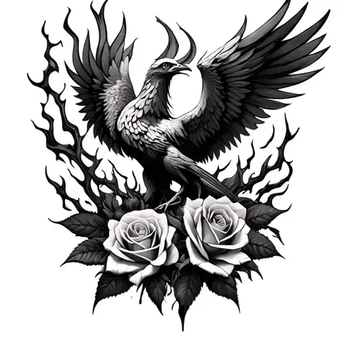 roses, thorns, fire, phoenix rising from the ashes tattoo design idea