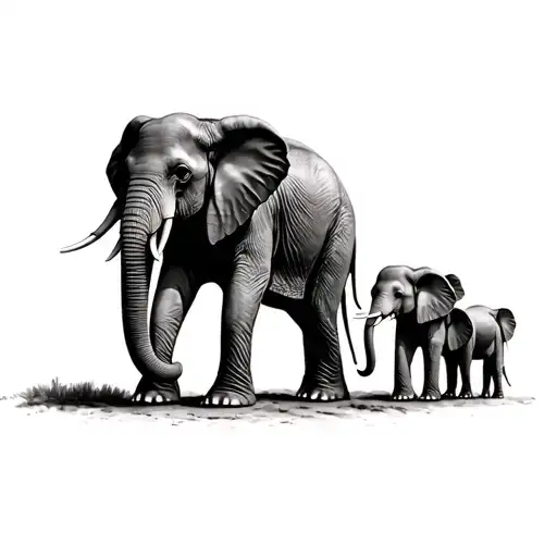 father elephant with two daughters elephants walking side by side tattoo design idea
