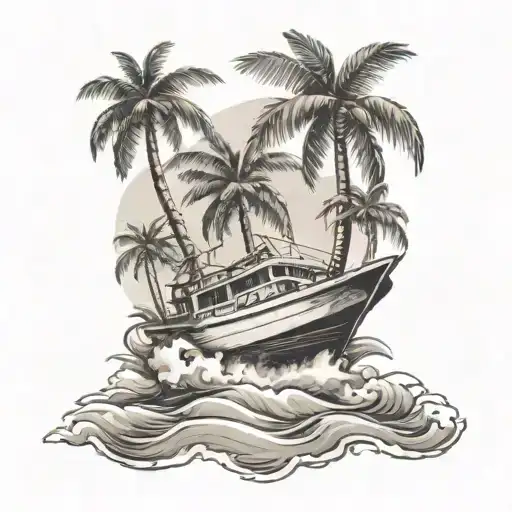 sea ​​motor boat,birds island palm tree tattoo design idea