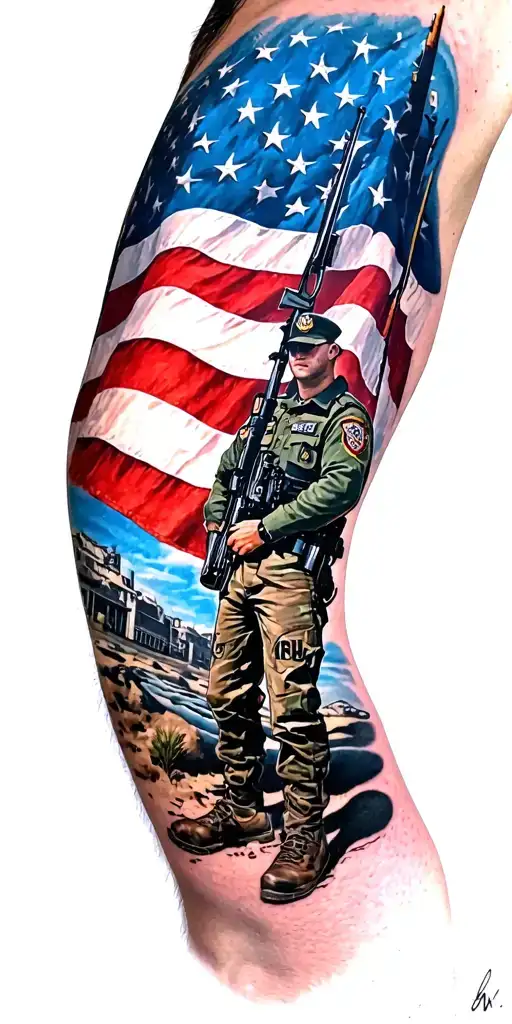 My idea on a full sleeve entales military and police theme. I know there is thousands of American flag with the thin blu tattoo design idea
