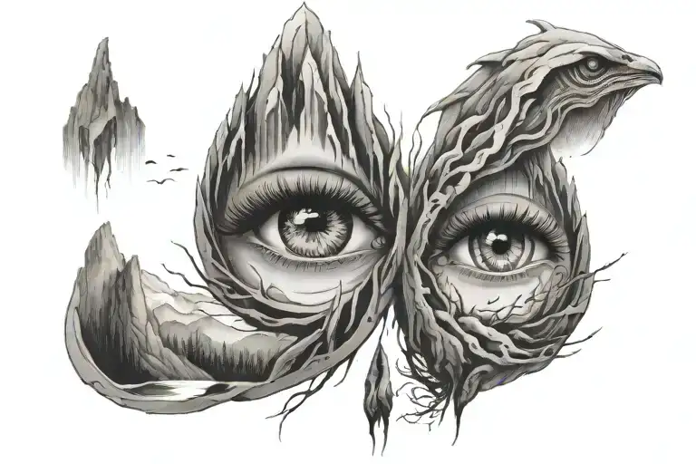 Memorial theme with birth and death date. Pair of eyes within a mountain with long eyelashes and teardrop waterfall tattoo design idea