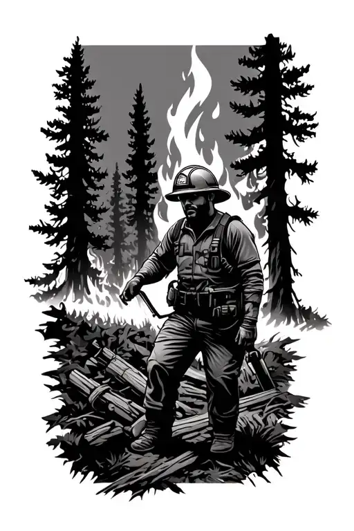 wildland firefighter working on a fire line and in the background the trees are in fire  tattoo design idea