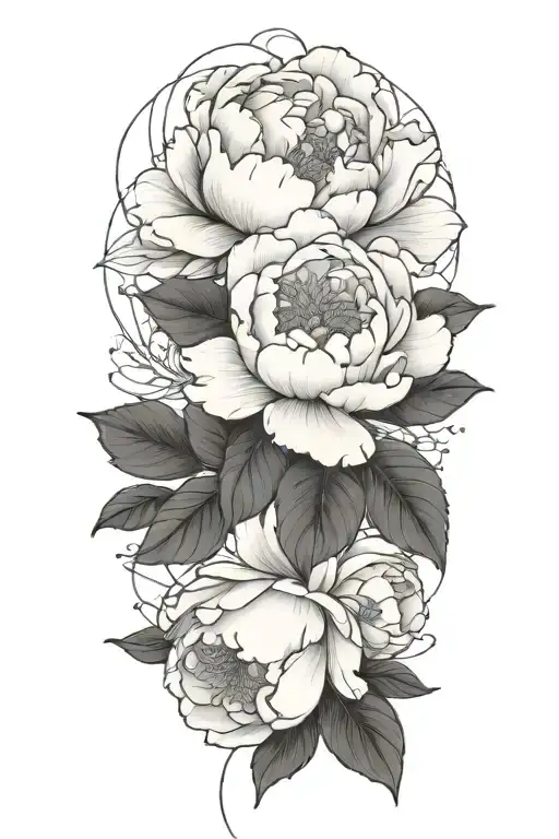 Flower, leaves, peony, buds, berry clusters, detailed petals, line work, shading, black and gray, forearm, floral arrang tattoo design idea