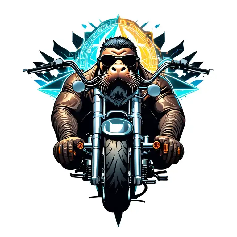 male walrus full body wearing riding leathers and sunglasses with a grey goatee riding a harley ultra limited tattoo design idea