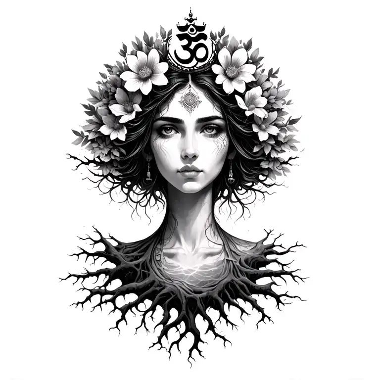 Spiritual Universal Woman standing on roots with flowers coming out of head with an om crown  tattoo design idea