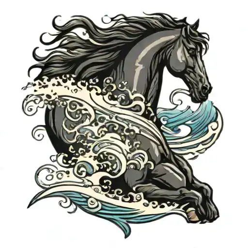 black percheron horse head with surf waves. include 3 boys names tattoo design idea
