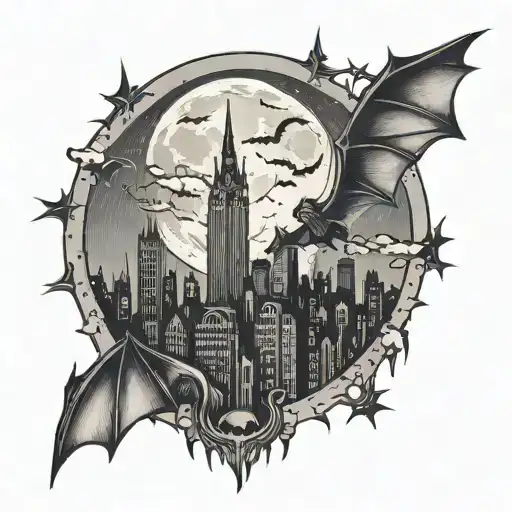 Gotham city with moon and bat signal shining tattoo design idea