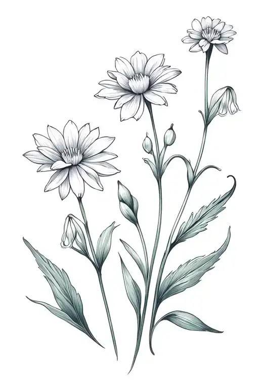lilly of the valley, water lilly, cosmos flower, aster flower, 3 carnations, chrysanthemum tattoo design idea