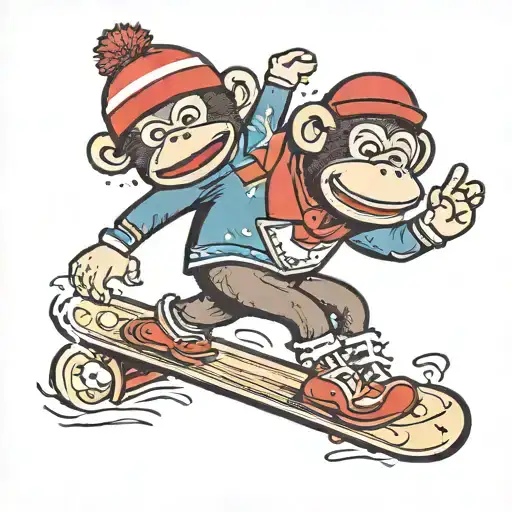 sock monkey snowboarding no wheels tattoo design idea