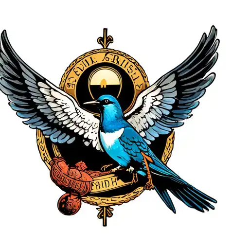 saint Christopher medallion and a swallow with spread wings tattoo design idea