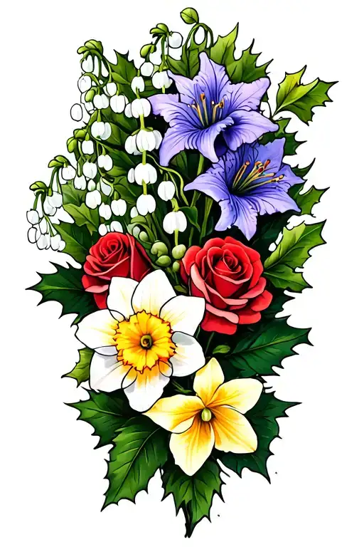  larkspur, lily of the valley, roses, holly, and daffodil tattoo design idea