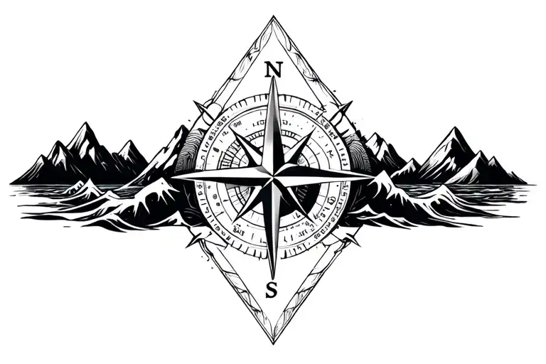 large compass surrounded by intricate geometric mountains and crashing waves, black and white, triangle frame tattoo design idea