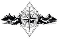 large compass surrounded by intricate geometric mountains and crashing waves, black and white, triangle frame tattoo design idea