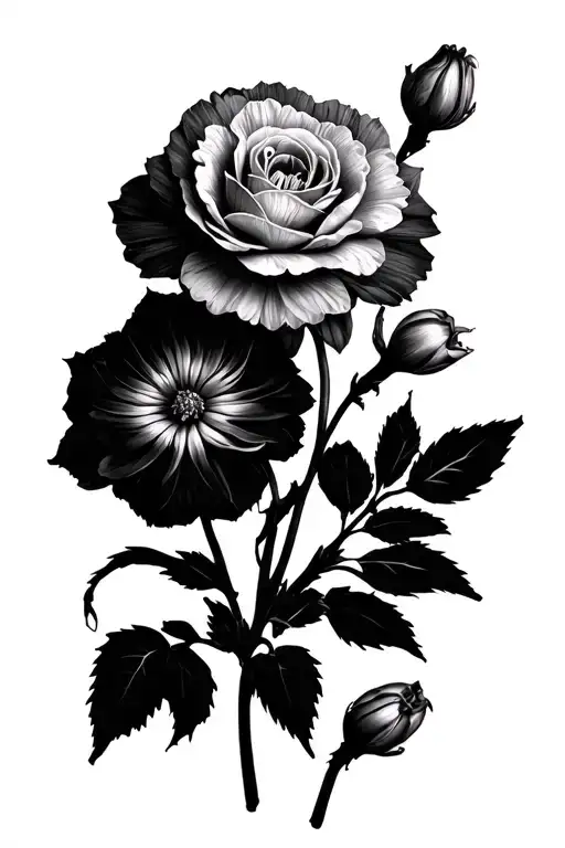 flowers and vines of paperwhite narcissus, carnations, marigolds, and roses tattoo design idea