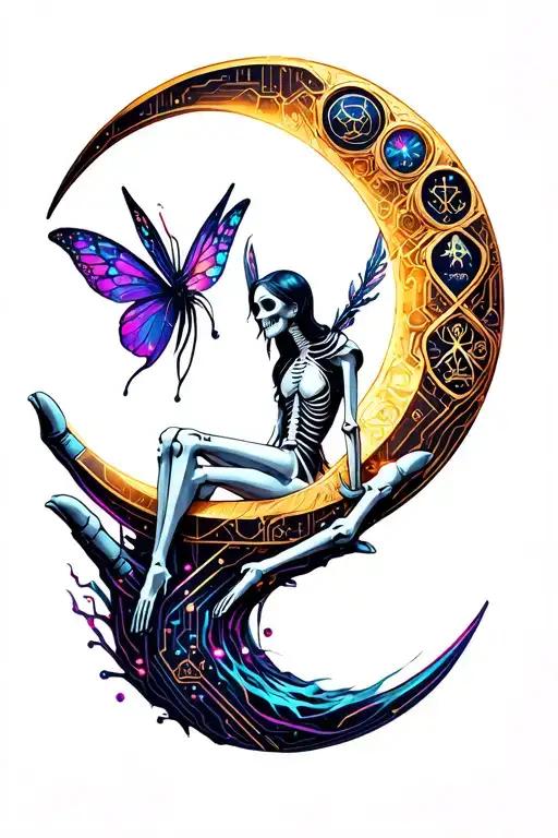 skeleton hand holding a crescent moon with a fairy sitting  tattoo design idea
